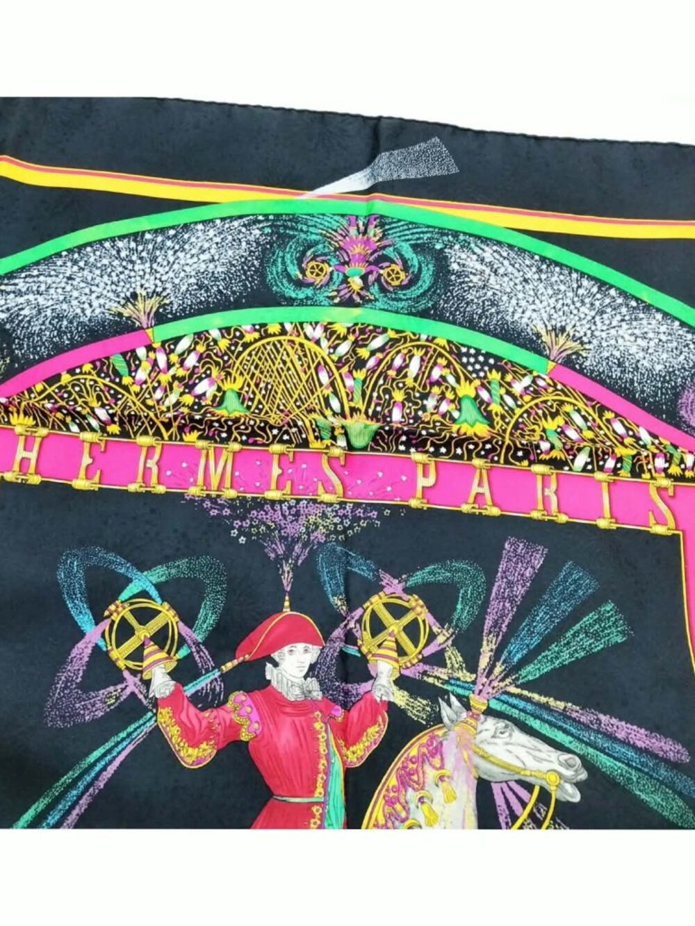 Authentic Hermès Silk Scarf Black Multicolor Equestrian Print - Picture 10 of 10